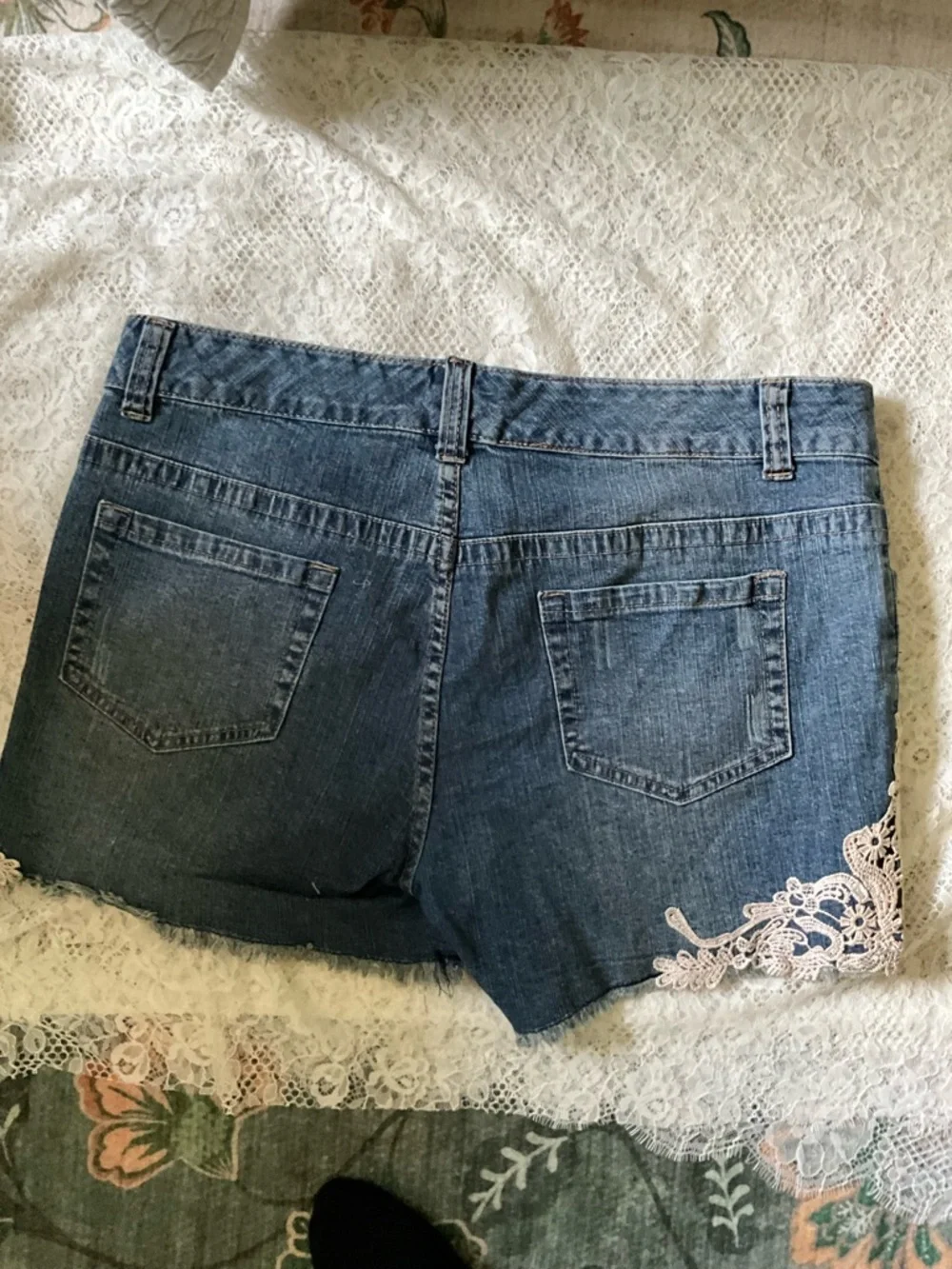 Venus Upcycled Crochet Lace Distressed Denim Shorts Size 12